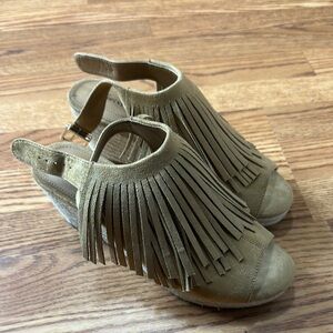 Fringe Tan Wedge Sandals